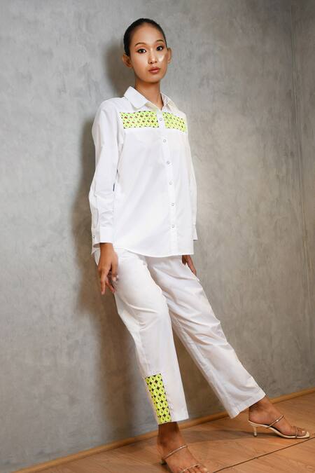 Buy Richaa Goenka White Cotton Hand Embroidered Sequins Collar Yoke Shirt And Pant Set Online at Aza Fashions Buy_Richaa Goenka_White Cotton Hand Embroidered Sequins Collar Yoke Shirt And Pant Set _Online_at_Aza_Fashions