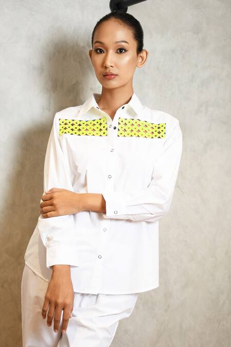 Shop Richaa Goenka White Cotton Hand Embroidered Sequins Collar Yoke Shirt And Pant Set Online at Aza Fashions Shop_Richaa Goenka_White Cotton Hand Embroidered Sequins Collar Yoke Shirt And Pant Set _Online_at_Aza_Fashions