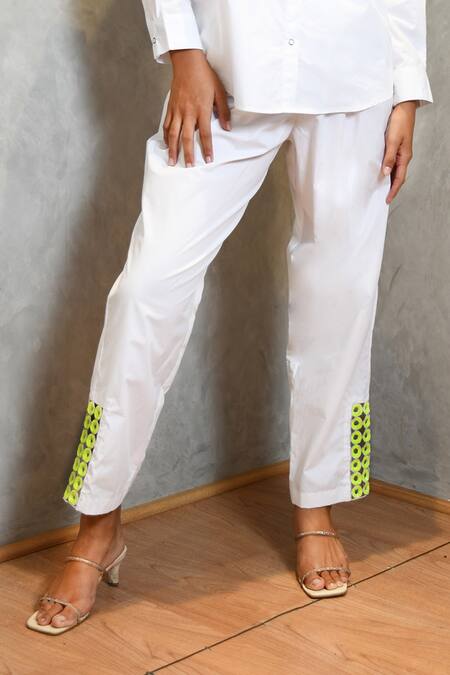 Richaa Goenka White Cotton Hand Embroidered Sequins Collar Yoke Shirt And Pant Set at Aza Fashions Richaa Goenka_White Cotton Hand Embroidered Sequins Collar Yoke Shirt And Pant Set _at_Aza_Fashions