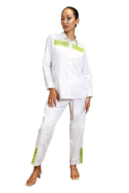 Buy Richaa Goenka White Cotton Hand Embroidered Sequins Collar Yoke Shirt And Pant Set Buy_Richaa Goenka_White Cotton Hand Embroidered Sequins Collar Yoke Shirt And Pant Set