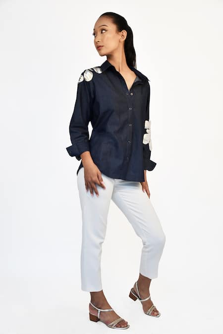 Richaa Goenka Blue Cotton Hand Embroidered Sequins Collar Patchwork Shirt