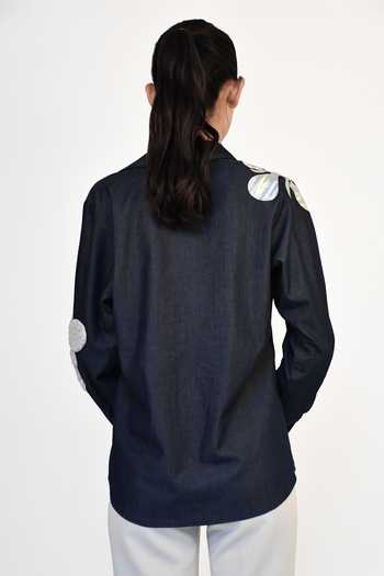 Shop Richaa Goenka Blue Cotton Sequins Collared Patchwork Hand Embroidered Shirt at Aza Fashions Shop_Richaa Goenka_Blue Cotton Sequins Collared Patchwork Hand Embroidered Shirt _at_Aza_Fashions