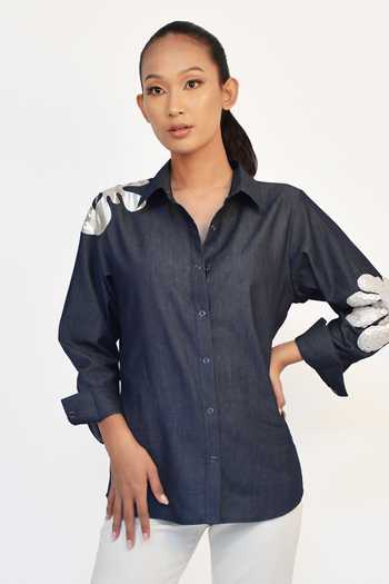 Richaa Goenka Blue Cotton Sequins Collared Patchwork Hand Embroidered Shirt Online at Aza Fashions Richaa Goenka_Blue Cotton Sequins Collared Patchwork Hand Embroidered Shirt _Online_at_Aza_Fashions