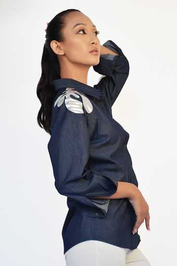 Shop Richaa Goenka Blue Cotton Sequins Collared Patchwork Hand Embroidered Shirt Online at Aza Fashions Shop_Richaa Goenka_Blue Cotton Sequins Collared Patchwork Hand Embroidered Shirt _Online_at_Aza_Fashions