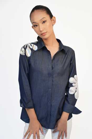 Richaa Goenka Blue Cotton Sequins Collared Patchwork Hand Embroidered Shirt at Aza Fashions Richaa Goenka_Blue Cotton Sequins Collared Patchwork Hand Embroidered Shirt _at_Aza_Fashions