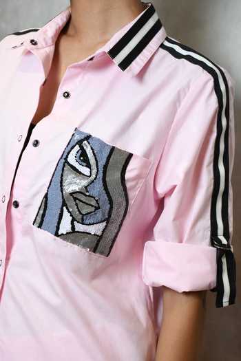 Shop Richaa Goenka Pink Cotton Hand Embroidered Sequins Collar Face Shirt Shop_Richaa Goenka_Pink Cotton Hand Embroidered Sequins Collar Face Shirt