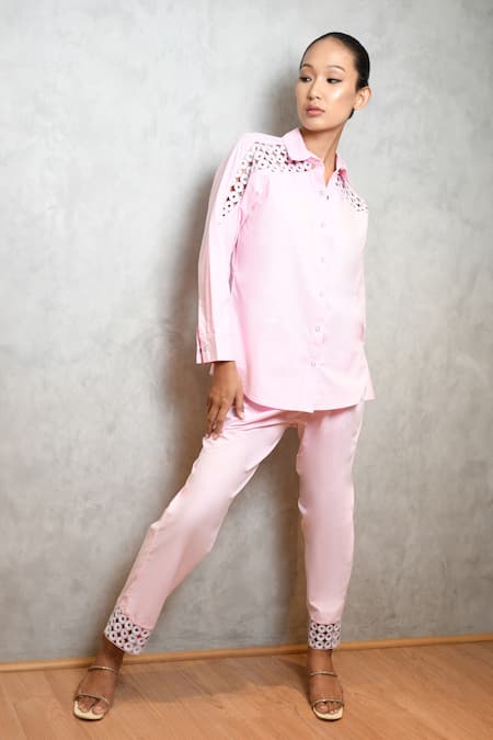 Richaa Goenka Pink Cotton Hand Embroidered Sequins Collar Yoke Shirt And Pant Set