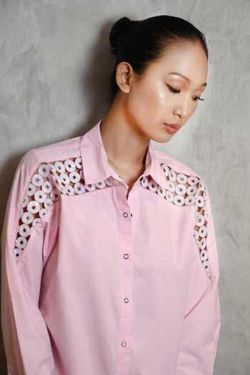 Richaa Goenka Pink Cotton Hand Embroidered Sequins Collar Yoke Shirt And Pant Set Online at Aza Fashions Richaa Goenka_Pink Cotton Hand Embroidered Sequins Collar Yoke Shirt And Pant Set _Online_at_Aza_Fashions