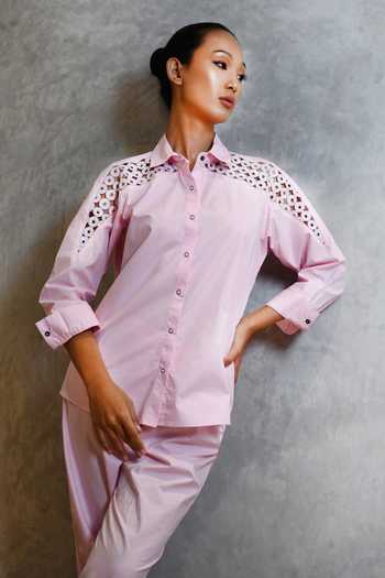 Buy Richaa Goenka Pink Cotton Hand Embroidered Sequins Collar Yoke Shirt And Pant Set Online at Aza Fashions Buy_Richaa Goenka_Pink Cotton Hand Embroidered Sequins Collar Yoke Shirt And Pant Set _Online_at_Aza_Fashions