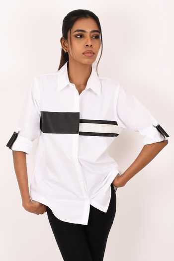 Shop_Richaa Goenka_White Cotton Embroidery Collared Applique Shirt _Online_at_Aza_Fashions