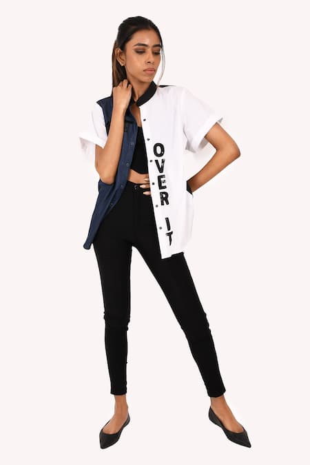 Shop Richaa Goenka White Cotton, Denim Sequins Bandeau Neck Hand Embroidered Shirt at Aza Fashions Shop_Richaa Goenka_White Cotton, Denim Sequins Bandeau Neck Hand Embroidered Shirt _at_Aza_Fashions