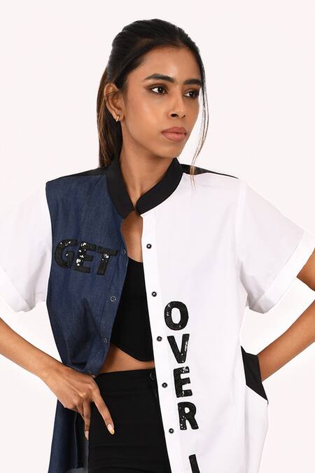 Richaa Goenka White Cotton, Denim Sequins Bandeau Neck Hand Embroidered Shirt Online at Aza Fashions Richaa Goenka_White Cotton, Denim Sequins Bandeau Neck Hand Embroidered Shirt _Online_at_Aza_Fashions