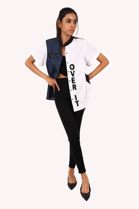 Buy Richaa Goenka White Cotton, Denim Sequins Bandeau Neck Hand Embroidered Shirt Online at Aza Fashions Buy_Richaa Goenka_White Cotton, Denim Sequins Bandeau Neck Hand Embroidered Shirt _Online_at_Aza_Fashions