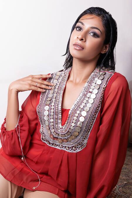 Buy_Richaa Goenka_Red Georgette Hand Embroidered Metal Blunt V Neck Yoke Kurta _Online_at_Aza_Fashions