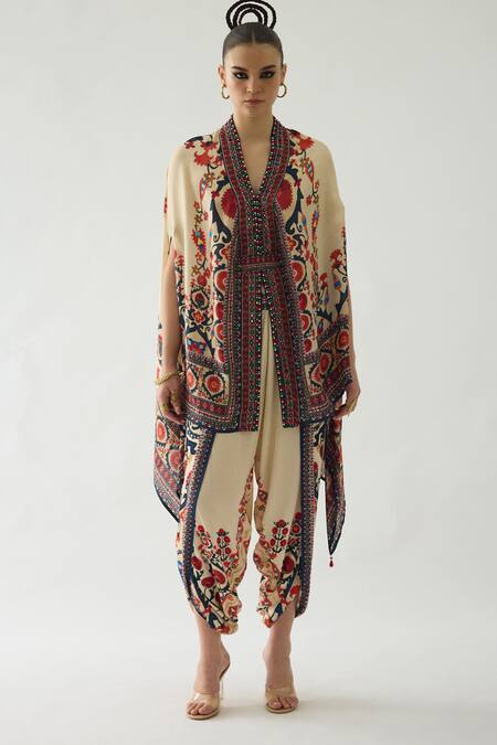 Rajdeep Ranawat_Orange Modal, Satin Mirrors, Embroidery Chloe Printed Cape And Dhoti Pant Set _Online_at_Aza_Fashions