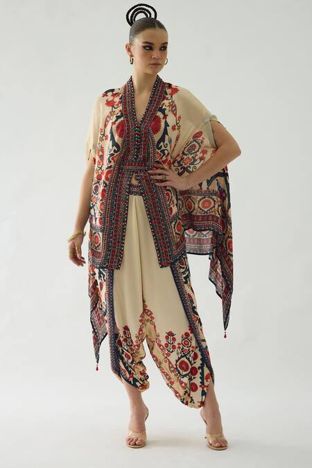 Buy_Rajdeep Ranawat_Orange Modal, Satin Mirrors, Embroidery Chloe Printed Cape And Dhoti Pant Set _Online_at_Aza_Fashions