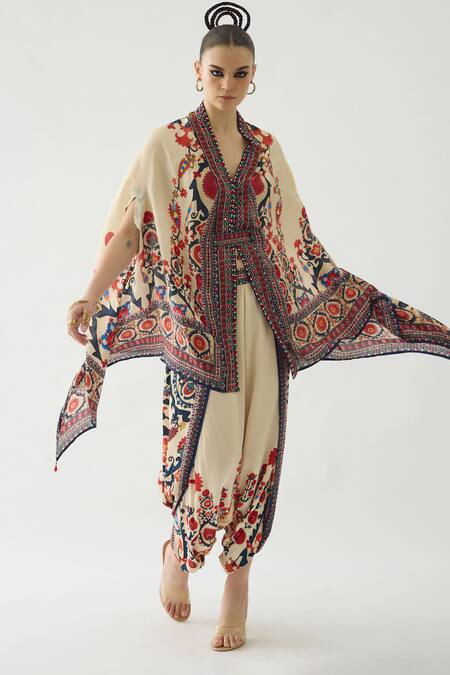 Shop_Rajdeep Ranawat_Orange Modal, Satin Mirrors, Embroidery Chloe Printed Cape And Dhoti Pant Set _Online_at_Aza_Fashions