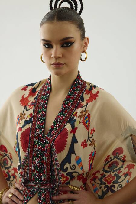 Buy_Rajdeep Ranawat_Orange Modal, Satin Mirrors, Embroidery Chloe Printed Cape And Dhoti Pant Set 