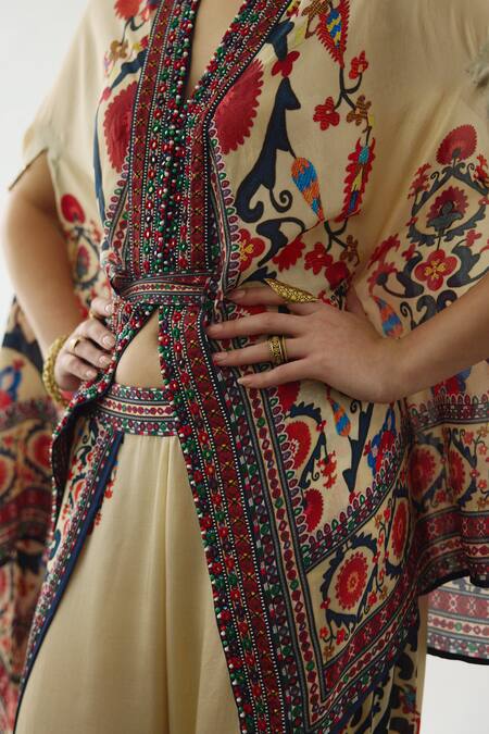 Shop_Rajdeep Ranawat_Orange Modal, Satin Mirrors, Embroidery Chloe Printed Cape And Dhoti Pant Set 