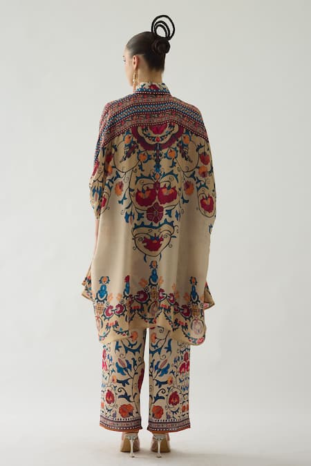 Shop_Rajdeep Ranawat_Beige Silk, Modal, Satin Embroidery Kamara Printed Shirt Tunic And Pant Set _at_Aza_Fashions