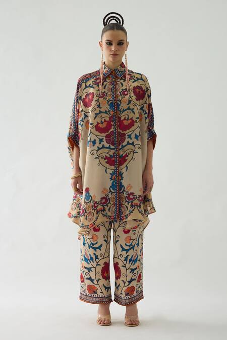 Rajdeep Ranawat_Beige Silk, Modal, Satin Embroidery Kamara Printed Shirt Tunic And Pant Set _Online_at_Aza_Fashions