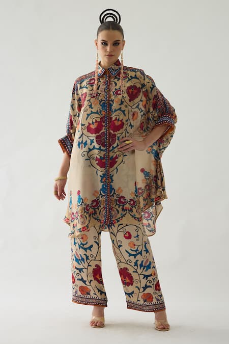 Buy_Rajdeep Ranawat_Beige Silk, Modal, Satin Embroidery Kamara Printed Shirt Tunic And Pant Set _Online_at_Aza_Fashions