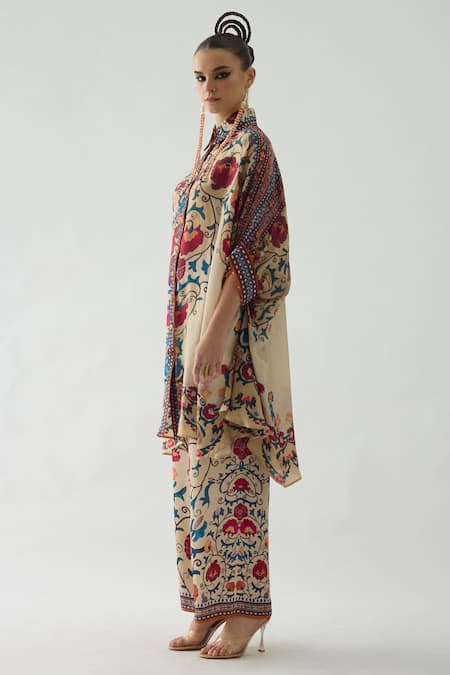 Shop_Rajdeep Ranawat_Beige Silk, Modal, Satin Embroidery Kamara Printed Shirt Tunic And Pant Set _Online_at_Aza_Fashions