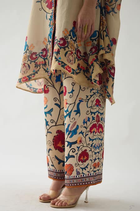 Rajdeep Ranawat_Beige Silk, Modal, Satin Embroidery Kamara Printed Shirt Tunic And Pant Set _at_Aza_Fashions