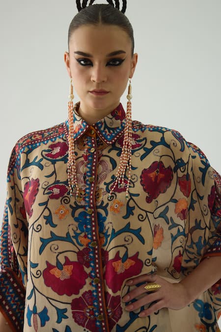 Buy_Rajdeep Ranawat_Beige Silk, Modal, Satin Embroidery Kamara Printed Shirt Tunic And Pant Set 