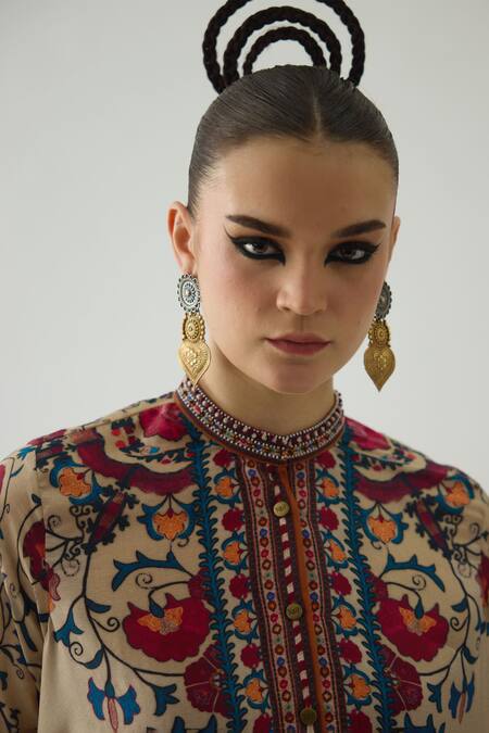 Shop_Rajdeep Ranawat_Beige Silk, Modal, Satin Embroidery Kamara Printed Shirt Tunic And Pant Set 