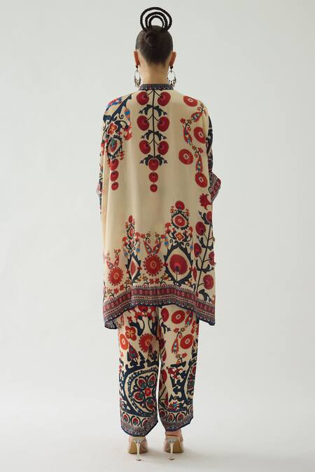 Shop_Rajdeep Ranawat_Orange Modal, Satin Embroidery Permaz Floral Print Tunic And Chanel Pant Set _at_Aza_Fashions