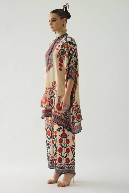 Buy_Rajdeep Ranawat_Orange Modal, Satin Embroidery Permaz Floral Print Tunic And Chanel Pant Set _Online_at_Aza_Fashions