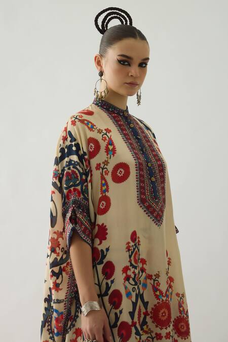 Shop_Rajdeep Ranawat_Orange Modal, Satin Embroidery Permaz Floral Print Tunic And Chanel Pant Set _Online_at_Aza_Fashions