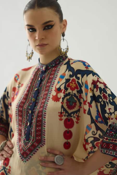 Rajdeep Ranawat_Orange Modal, Satin Embroidery Permaz Floral Print Tunic And Chanel Pant Set _at_Aza_Fashions