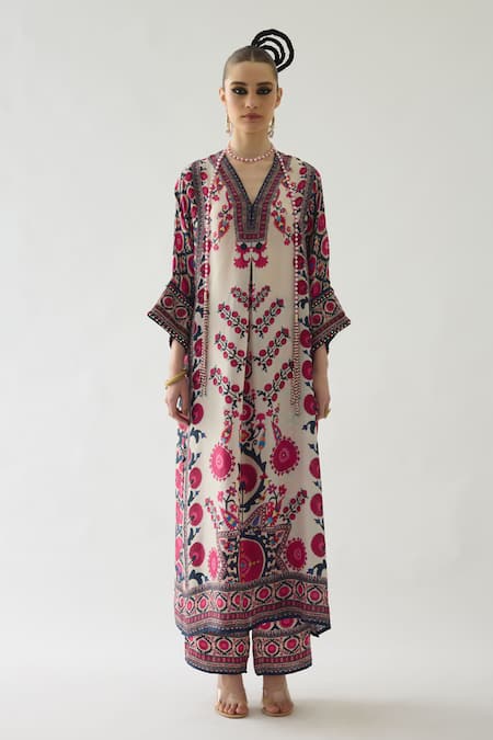 Rajdeep Ranawat_Orange Silk, Modal, Satin Embroidery V-neck Banera Printed Tunic And Pant Set _Online_at_Aza_Fashions