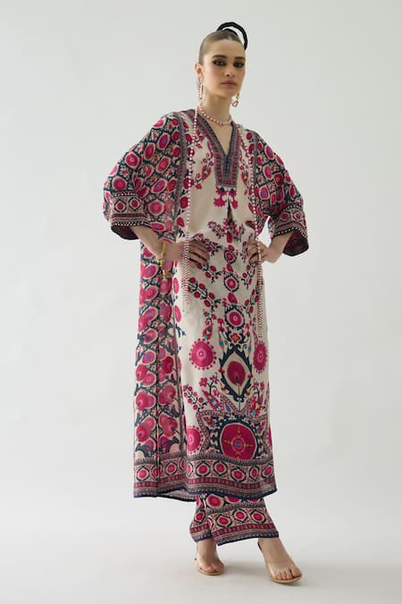 Buy_Rajdeep Ranawat_Orange Silk, Modal, Satin Embroidery V-neck Banera Printed Tunic And Pant Set _Online_at_Aza_Fashions