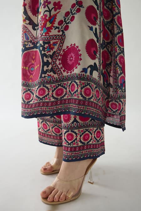 Rajdeep Ranawat_Orange Silk, Modal, Satin Embroidery V-neck Banera Printed Tunic And Pant Set _at_Aza_Fashions