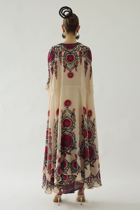 Shop_Rajdeep Ranawat_Maroon Modal, Satin Embroidery Surilee Printed Pleated Palazzo _at_Aza_Fashions