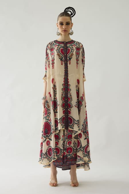 Rajdeep Ranawat_Maroon Modal, Satin Embroidery Surilee Printed Pleated Palazzo _Online_at_Aza_Fashions