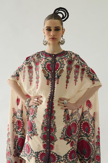 Buy_Rajdeep Ranawat_Maroon Modal, Satin Embroidery Surilee Printed Pleated Palazzo _Online_at_Aza_Fashions