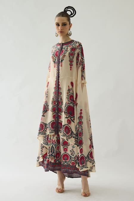 Buy_Rajdeep Ranawat_Maroon Modal, Satin Embroidery Surilee Printed Pleated Palazzo 