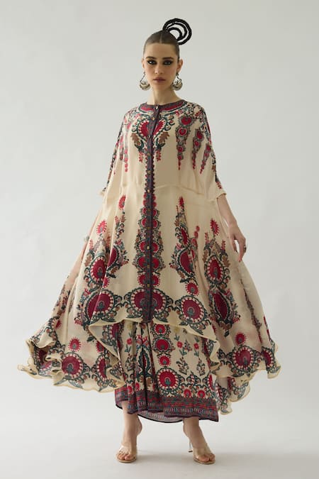 Shop_Rajdeep Ranawat_Maroon Modal, Satin Embroidery Surilee Printed Pleated Palazzo 