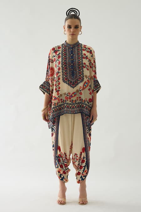 Buy_Rajdeep Ranawat_Orange Modal, Satin Sonth Botanical Print Dhoti Pant _Online_at_Aza_Fashions