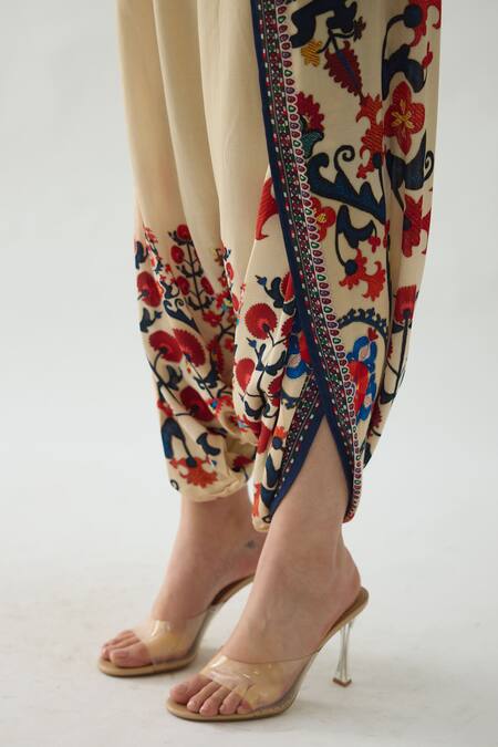 Buy_Rajdeep Ranawat_Orange Modal, Satin Sonth Botanical Print Dhoti Pant 