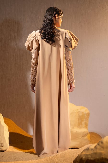 Shop Tyohar Brown Crepe Embroidery Sequin Ruwa Ruched High Slit With Long Shrug at Aza Fashions Shop_Tyohar_Brown Crepe Embroidery Sequin Ruwa Ruched High Slit With Long Shrug_at_Aza_Fashions