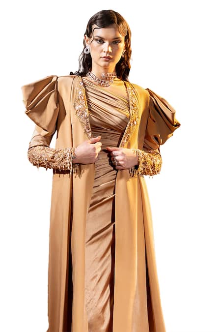 Tyohar Brown Crepe Embroidery Sequin Ruwa Ruched High Slit With Long Shrug Online at Aza Fashions Tyohar_Brown Crepe Embroidery Sequin Ruwa Ruched High Slit With Long Shrug_Online_at_Aza_Fashions