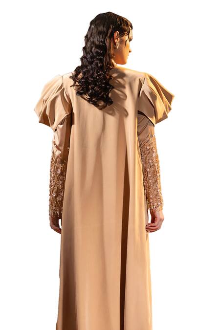 Shop Tyohar Brown Crepe Embroidery Sequin Ruwa Ruched High Slit With Long Shrug Online at Aza Fashions Shop_Tyohar_Brown Crepe Embroidery Sequin Ruwa Ruched High Slit With Long Shrug_Online_at_Aza_Fashions