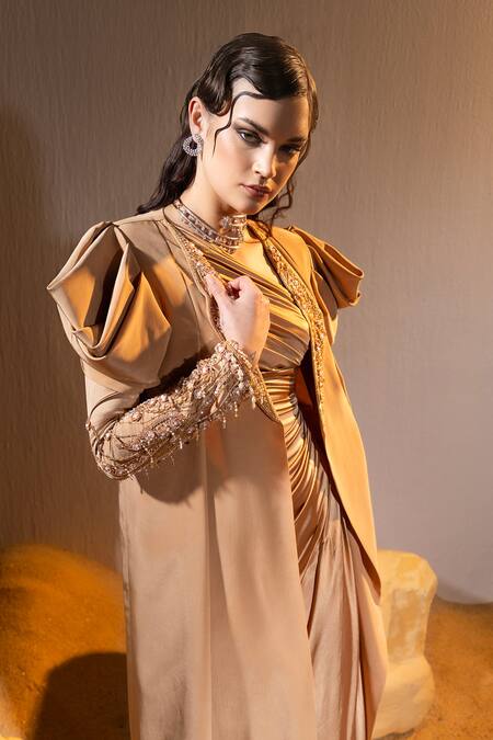 Tyohar Brown Crepe Embroidery Sequin Ruwa Ruched High Slit With Long Shrug at Aza Fashions Tyohar_Brown Crepe Embroidery Sequin Ruwa Ruched High Slit With Long Shrug_at_Aza_Fashions