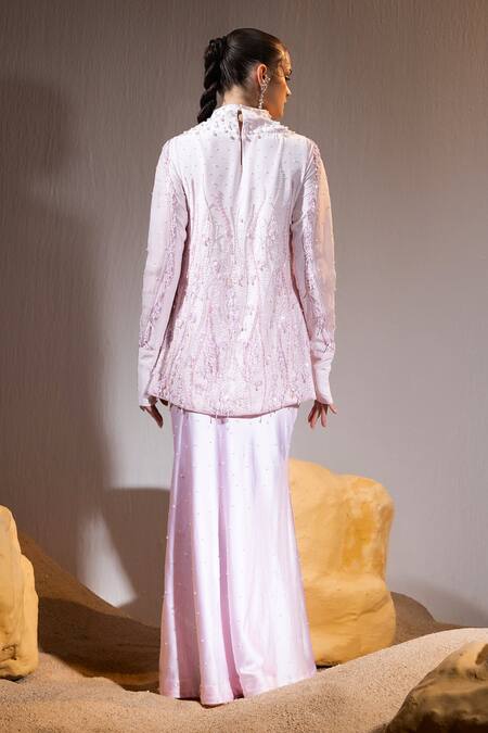 Shop Tyohar Pink Crepe Embroidery Sequin High Neck Sabah Pearl Meadow Tunic With Skirt at Aza Fashions Shop_Tyohar_Pink Crepe Embroidery Sequin High Neck Sabah Pearl Meadow Tunic With Skirt_at_Aza_Fashions