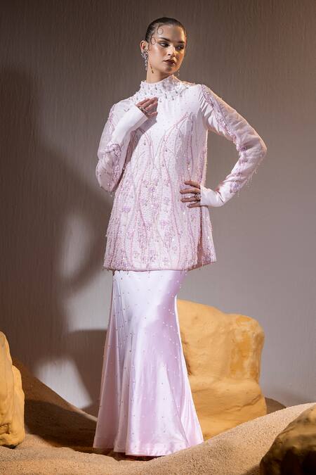 Tyohar Pink Crepe Embroidery Sequin High Neck Sabah Pearl Meadow Tunic With Skirt Online at Aza Fashions Tyohar_Pink Crepe Embroidery Sequin High Neck Sabah Pearl Meadow Tunic With Skirt_Online_at_Aza_Fashions